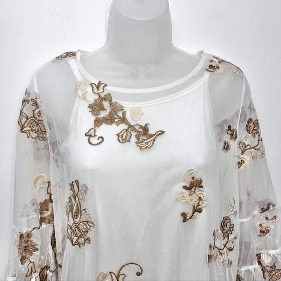 Soft Surroundings Embroidered Mesh Layered Top White Brown Tan Size Small - Picture 3 of 12